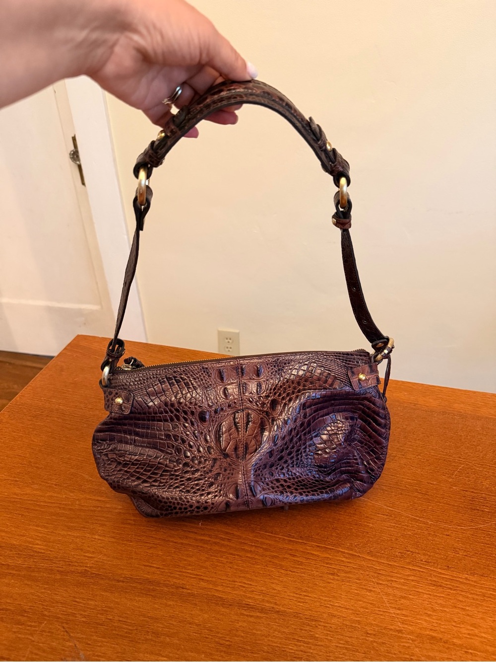 Brahmin Mahogany Croc-Embossed Leather Shoulder Bag